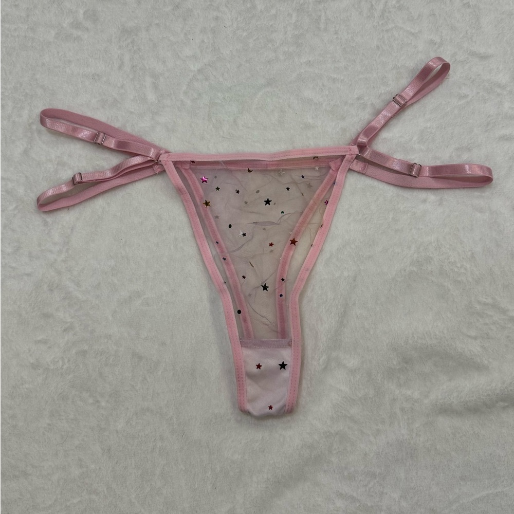Pink Sheer Lingerie Set L Star Mesh 3pc Garter Festival Rave Burlesque - Picture 5 of 9